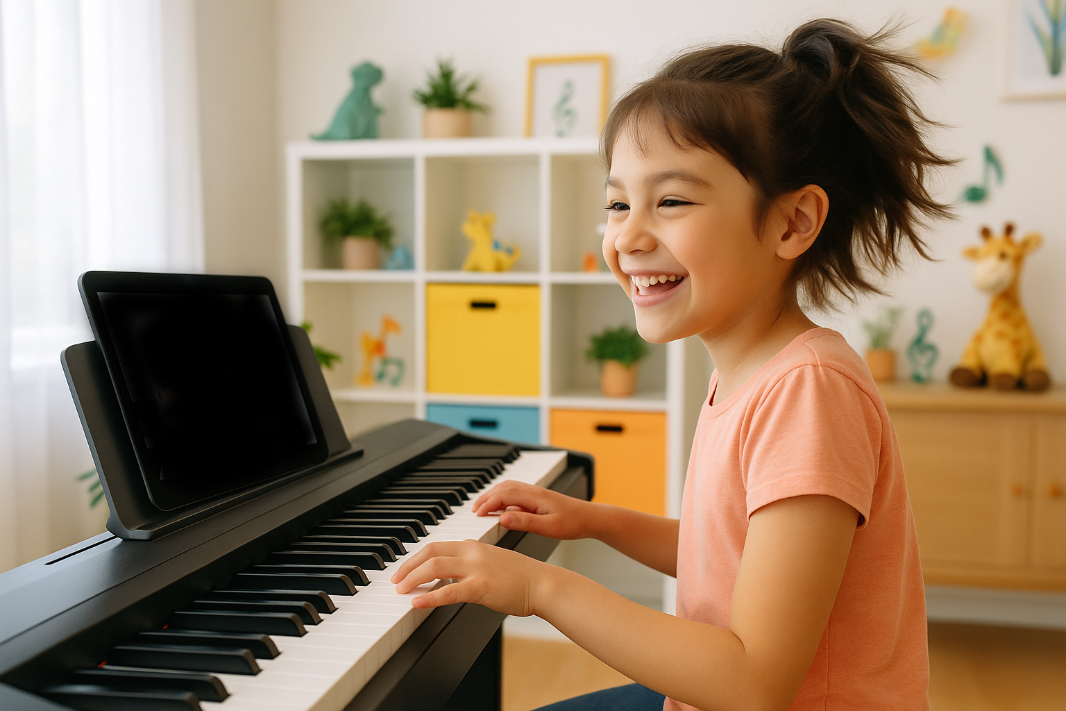 オンラインでピアノレッスンをする女の子